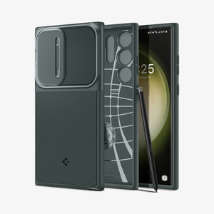 ACS05639 - Galaxy S23 Ultra Case Optik Armor in black showing the back with lens protector slot open