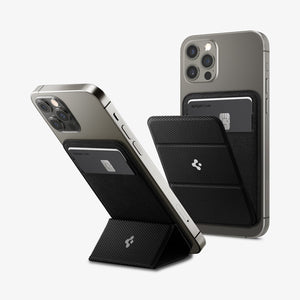 AMP02835 - Universal Card Holder Smart Fold in gunmetal showing the front attached to the back of a device