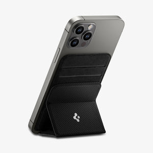 AMP02835 - Universal Card Holder Smart Fold in gunmetal showing the front attached to the back of a device