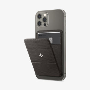 AMP02835 - Universal Card Holder Smart Fold in gunmetal showing the front attached to the back of a device
