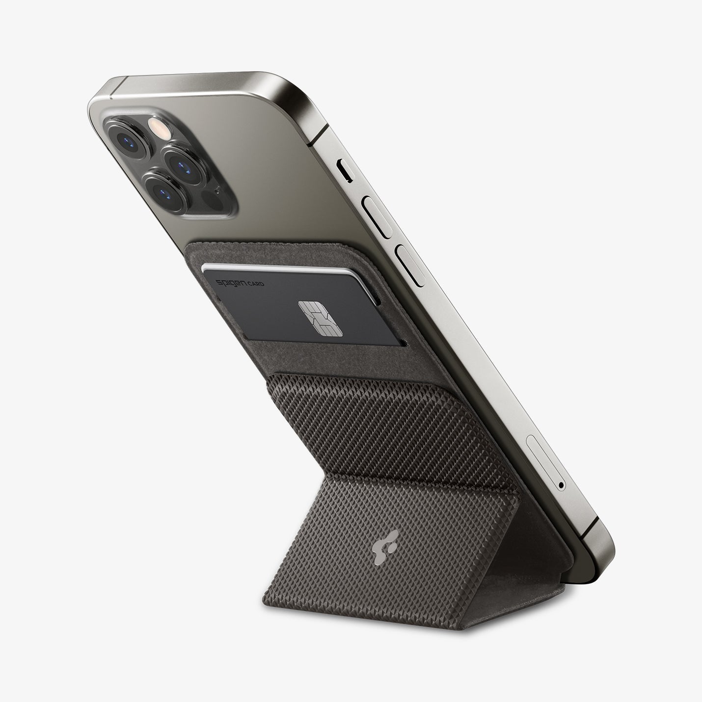 AMP02835 - Universal Card Holder Smart Fold in gunmetal showing the front attached to the back of a device