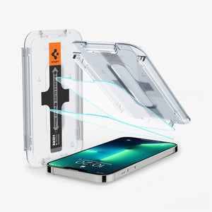 AGL03375 - iPhone 13 Pro Max Screen Protector EZ FIT GLAS.tR SLIM showing the device with two screen protectors and ez fit alignment tray