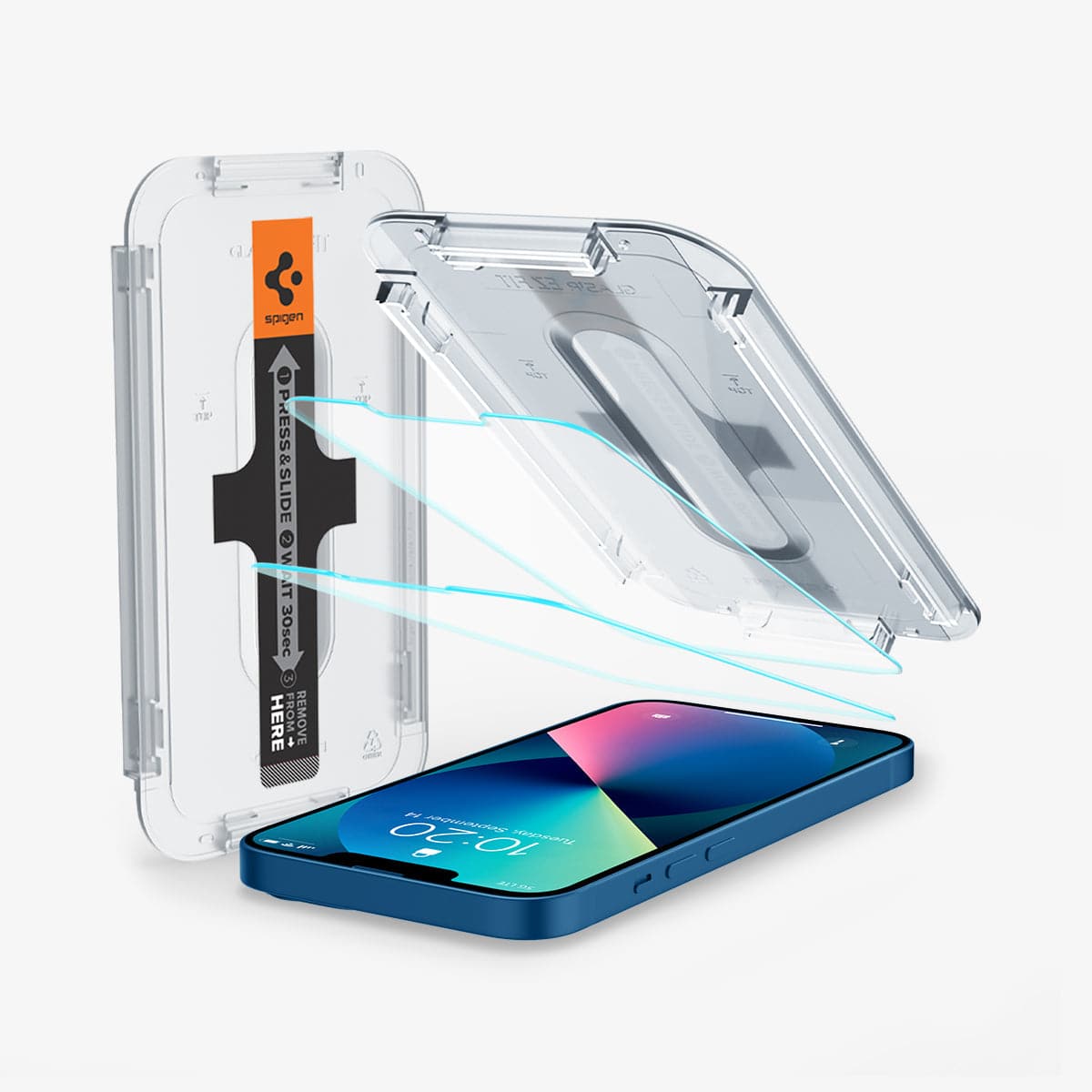 AGL03375 - iPhone 13 Pro Max Screen Protector EZ FIT GLAS.tR SLIM showing the device with two screen protectors and ez fit alignment tray